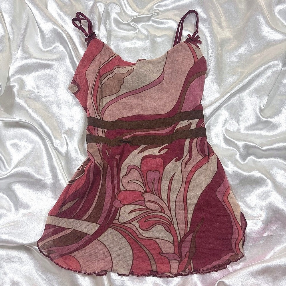 y2k Cami Top Pink Excellent Mesh Psychedelic Floral Empire Waist Lettuce Trim